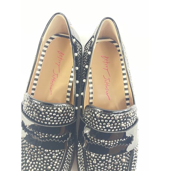 Betsey Johnson Shoes Womens Size 6.5 Black Rhinestone Loafers Studded Pearl Flat - Picture 8 of 11